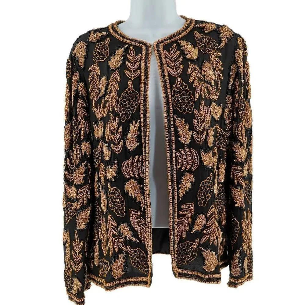 Vintage Black Silk Jacket with Tan, Gold, and Black Beads & Sequins | Candleligh